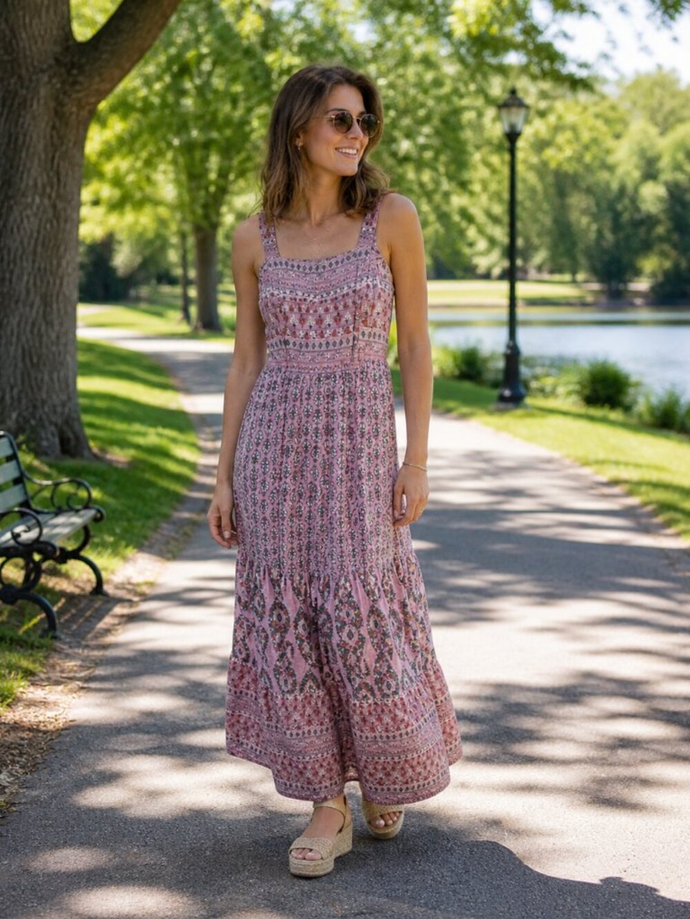 Knox Rose Sz Medium Maxi Dress Pink Boho Prairie Cottage Smocked Sundress Retro